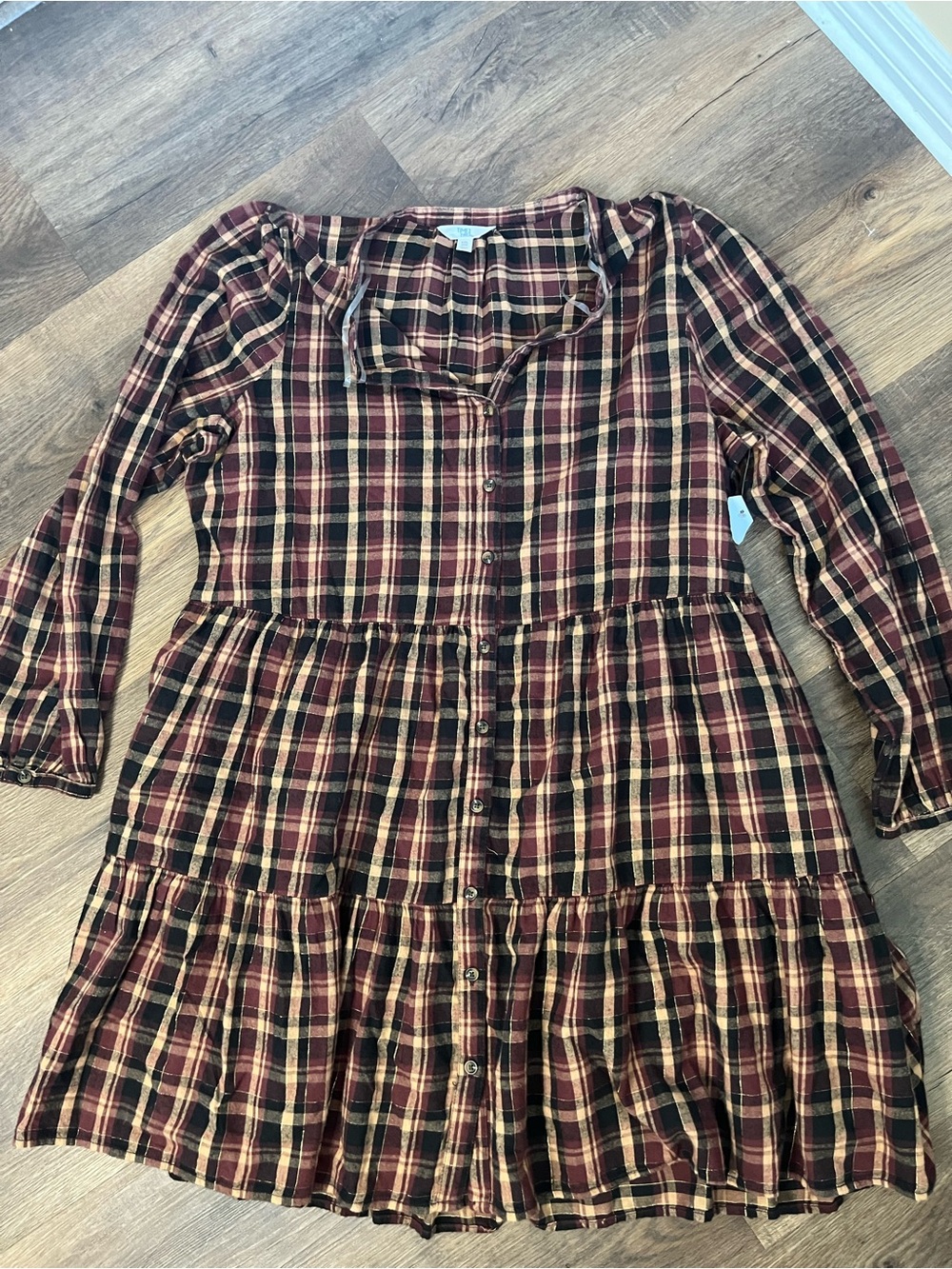 Time and Tru Burgundy & Brown Plaid Tiered Long-Sleeve Shirtdress Prairie - Picture 2 of 13